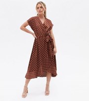 New Look Petite Rust Spot Satin Midi Wrap Dress